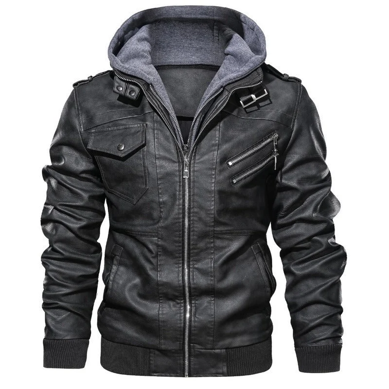 Herren Kunstlederjacke mit abnehmbarer Kapuze und mehreren Reißverschlusstaschen – Valtoré