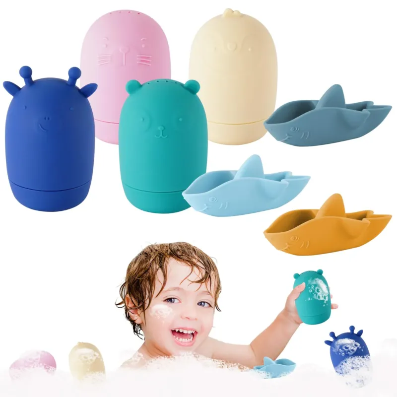 Bath toys, 7 pcs silicone bath toys, BPA-free baby water toys
