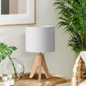 Wooden bedside lamp, linen lampshade