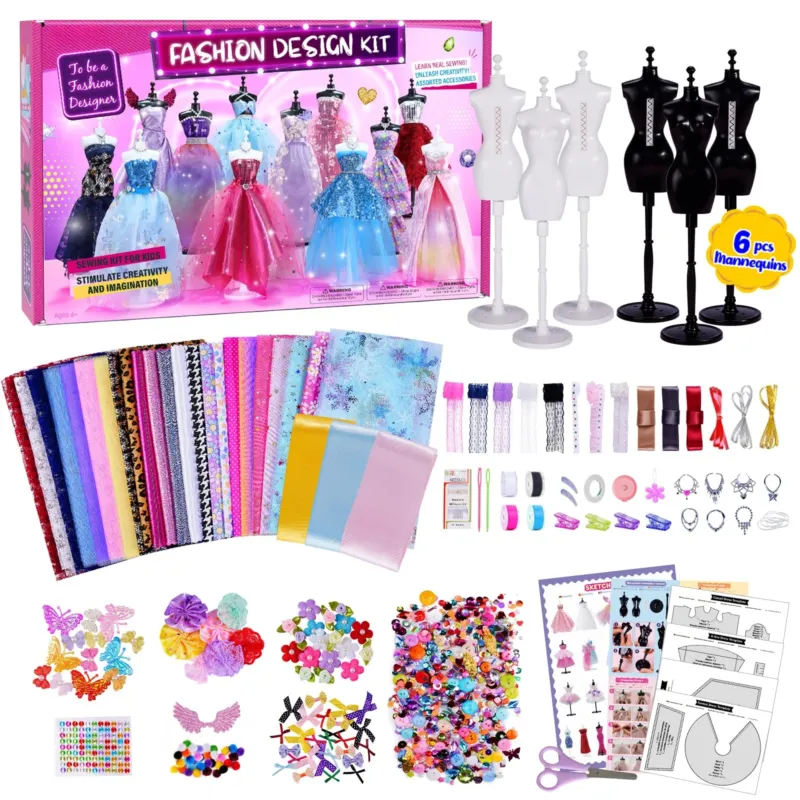 1000+ Pieces Fashion Design, Craft Kids Sewing Set with 6 Mannequins