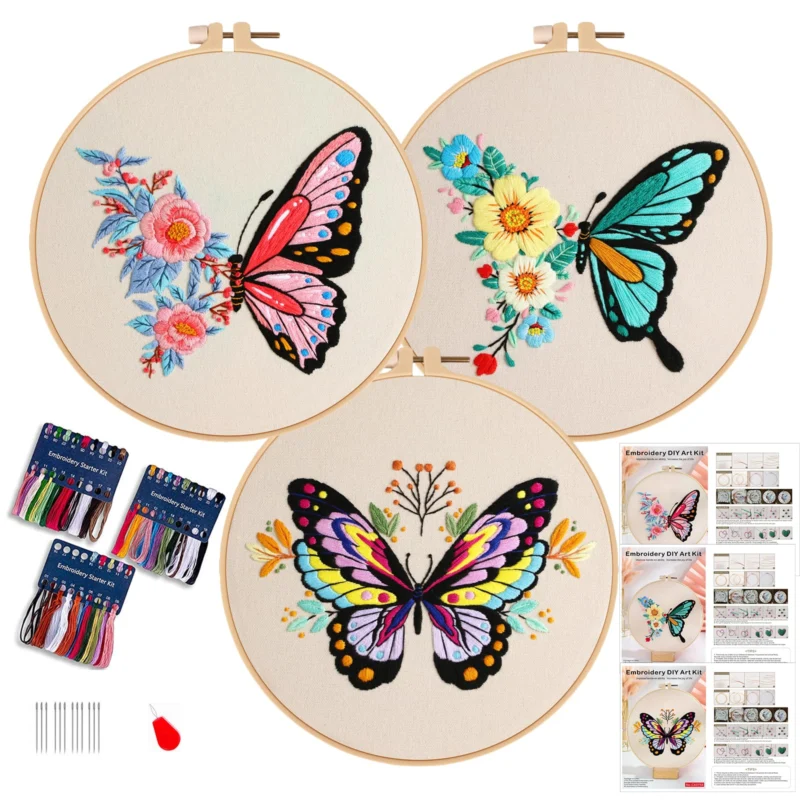 3 pieces butterfly embroidery kit for beginners, hand embroidery kits for adults with hoop, DIY art project