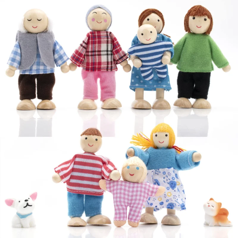Wooden Dollhouse Dolls Family Set with Cat and Dog Dollhouse Figures for Pretend Dollhouse Accessories Gift