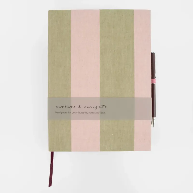 green & pink striped notebook with pen set