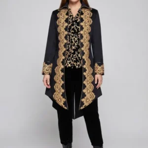 Damen elegante Frack mit feiner goldener Stickerei und asymmetrischem Saum Echo Archiv
