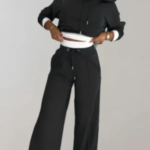 Delige Set von Einem Zweifarbigen Hoodie und Einer Hose mit Weitem Bein – Élanora