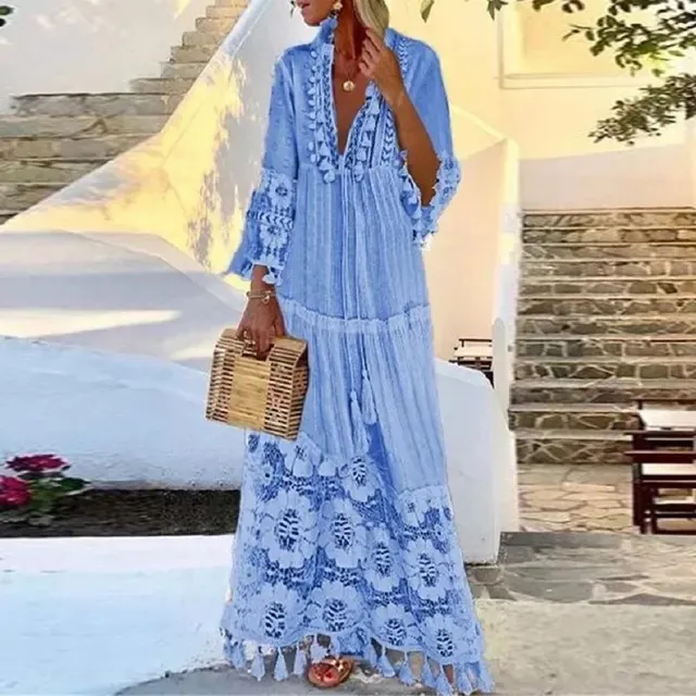 Bohème langes Kleid mit Spitze und Quasten – Valéora