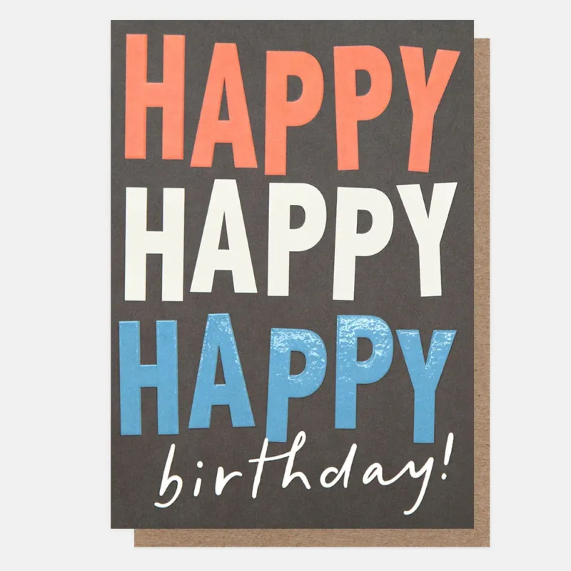 Birthday card with 'Happy Happy Happy Birthday!' text in different colors on a black background.