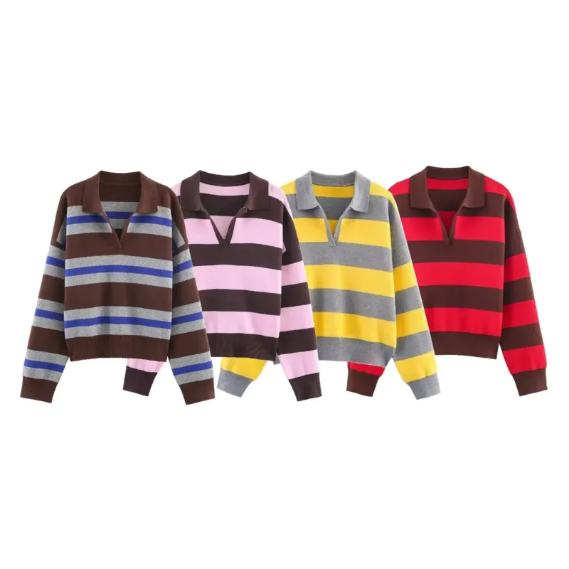 Damen oversized Rugby-Pullover mit Polokragen, V-Ausschnitt und breiten Streifen – Mavelle