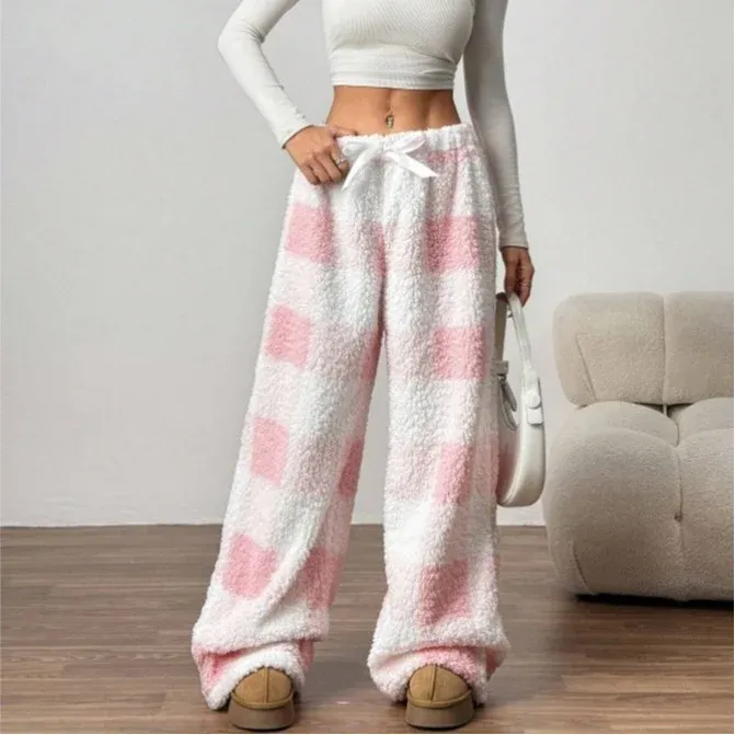 Damen kuschelige karierte Fleece-Hose mit Tunnelzugbund und weitem Bein – Avélisse