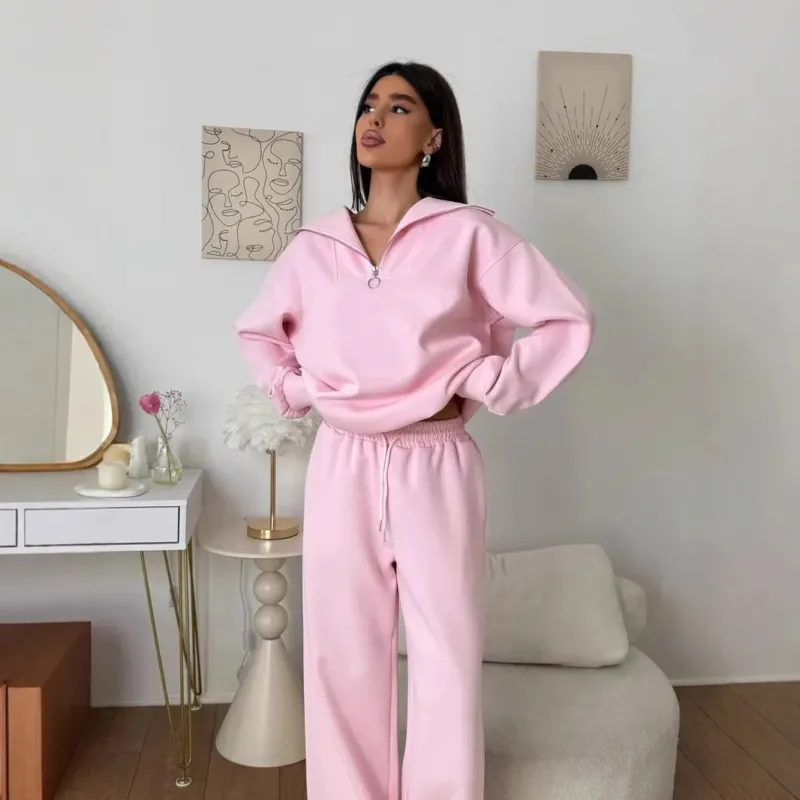 Damen lässiges Sweatset mit halbhohem Reißverschluss Kragen und weitem Jogger – Avérine
