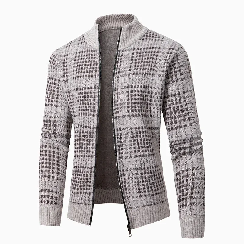 Herren modische Strickjacke mit modernem Karomuster und hohem Kragen – Terenzo