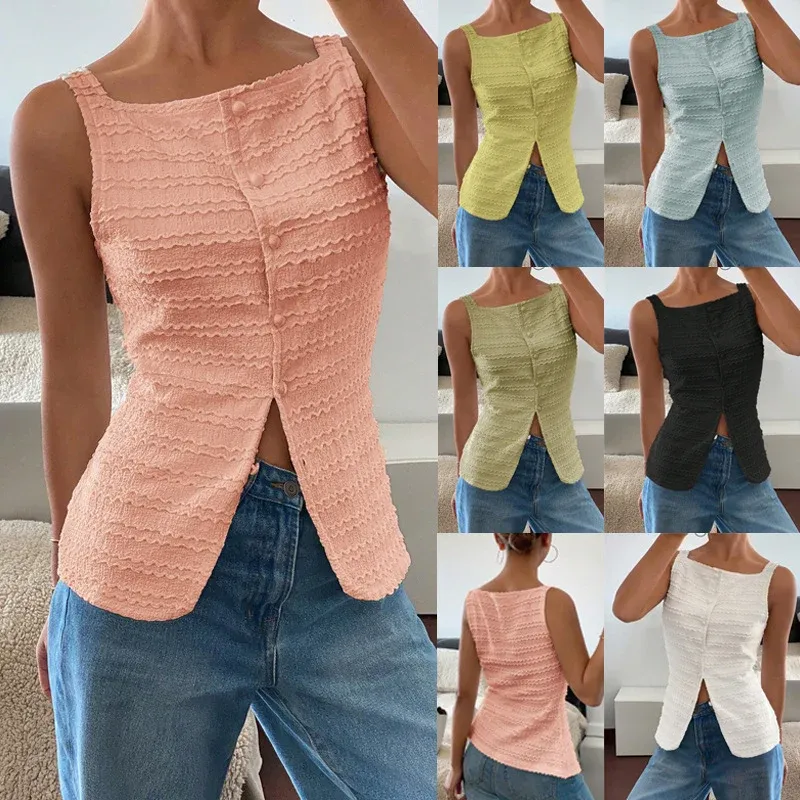 Damen Ärmelloses Struktur-Top mit Zierknopfleiste und Vorder‑Schlitz – Orélia