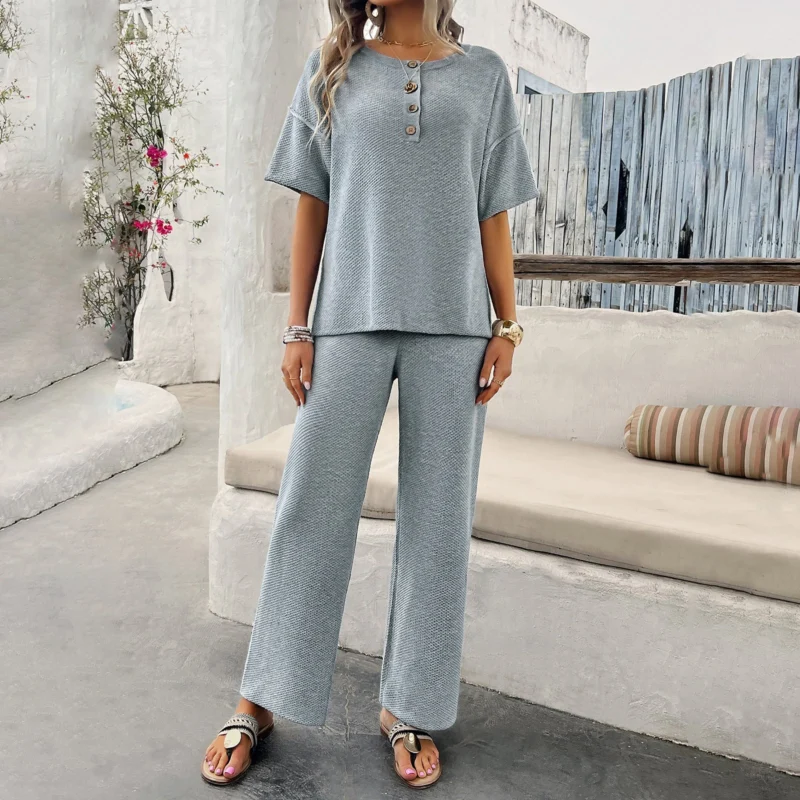 Damen Lässiges Lounge-Set mit weitem Oberteil und geraden Hosen – Élanora