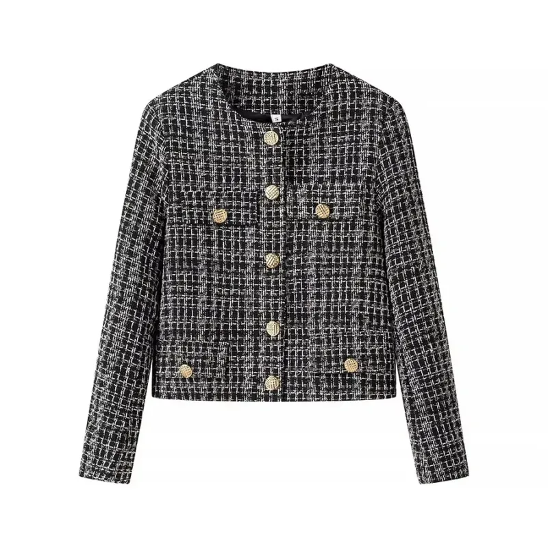 Damen kurz geschnittene Bouclé-Jacke im Boxy-Schnitt mit Goldknopf-Detail und Pattentaschen – Célinea
