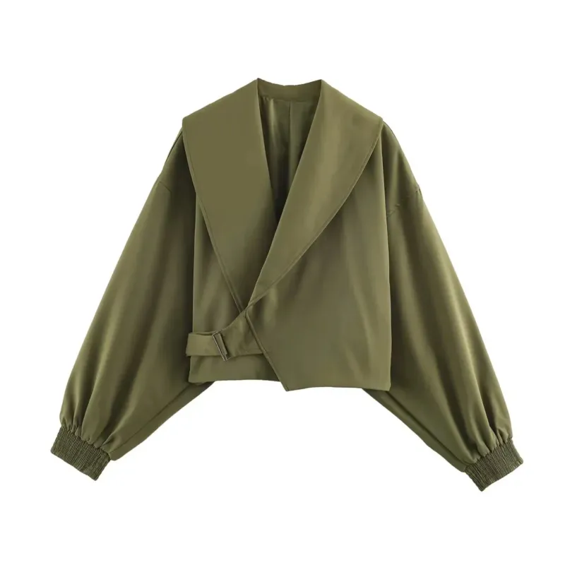 Damen kurze Oversize Jacke mit großem Schalkragen und Ballonärmeln – Célinea