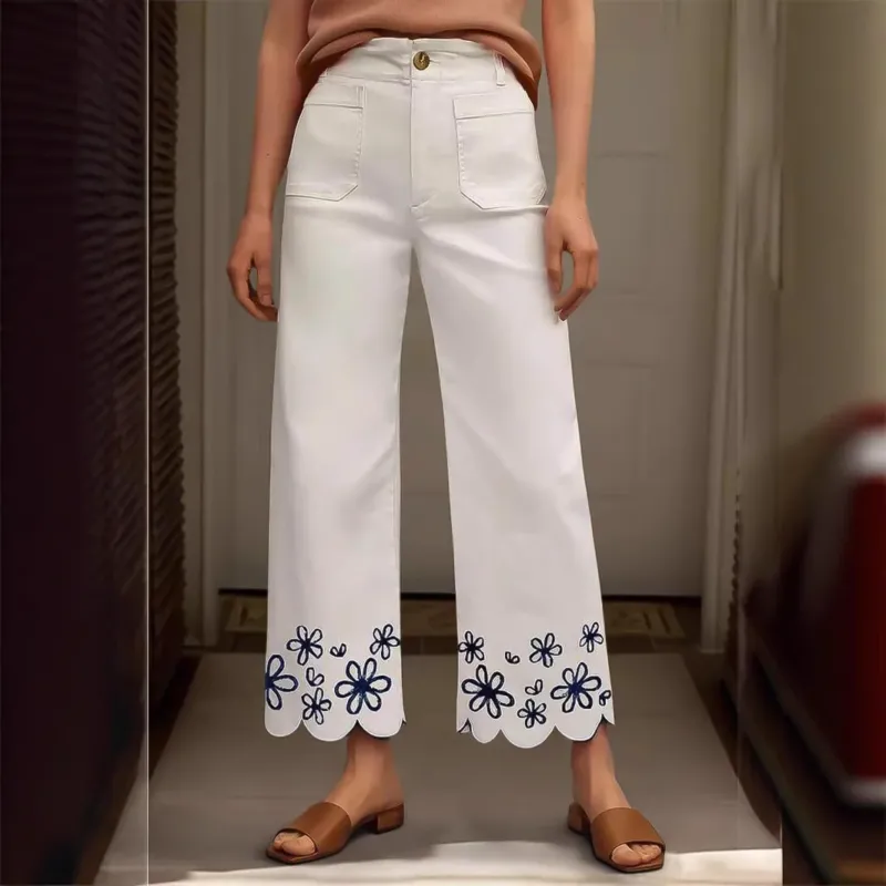 Damen Weite Culotte-Jeans mit gesticktem Blumenmuster – Avélisse