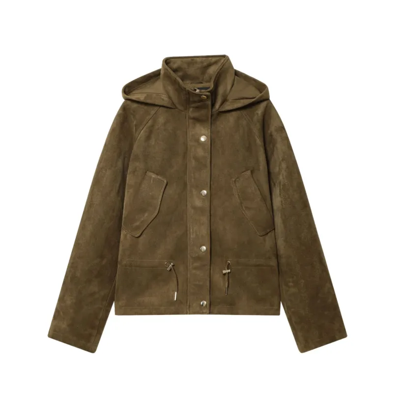 Damen kurze Wildlederimitat-Parka mit Kapuze, hoher Kragen und Tunnelzugtaillierung – Célinea