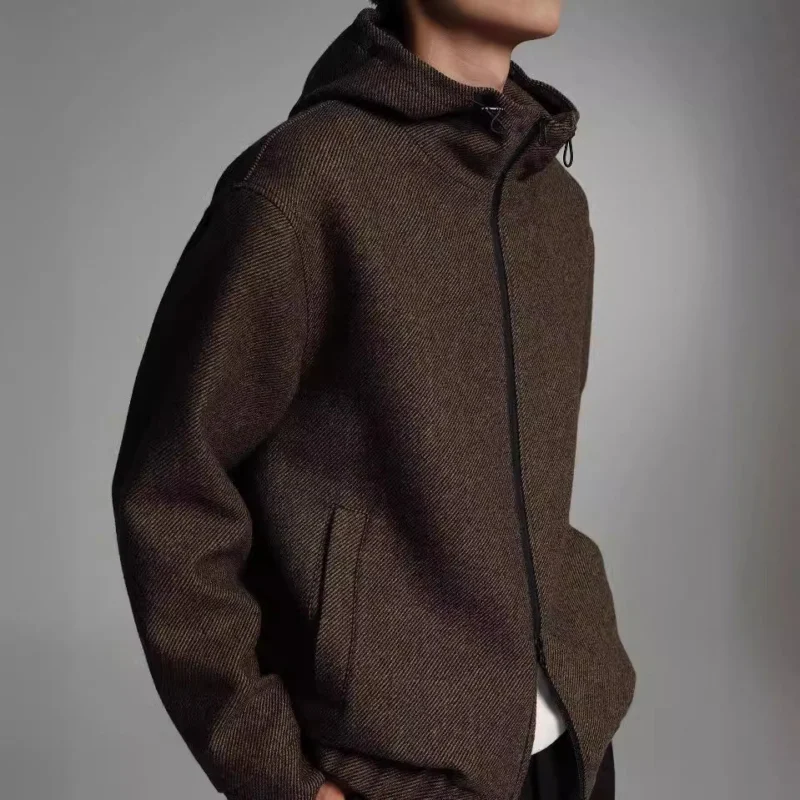 Herren Kurze Wollmisch-Kapuzenjacke mit Reißverschluss und elastischem Saum Echoarchiv