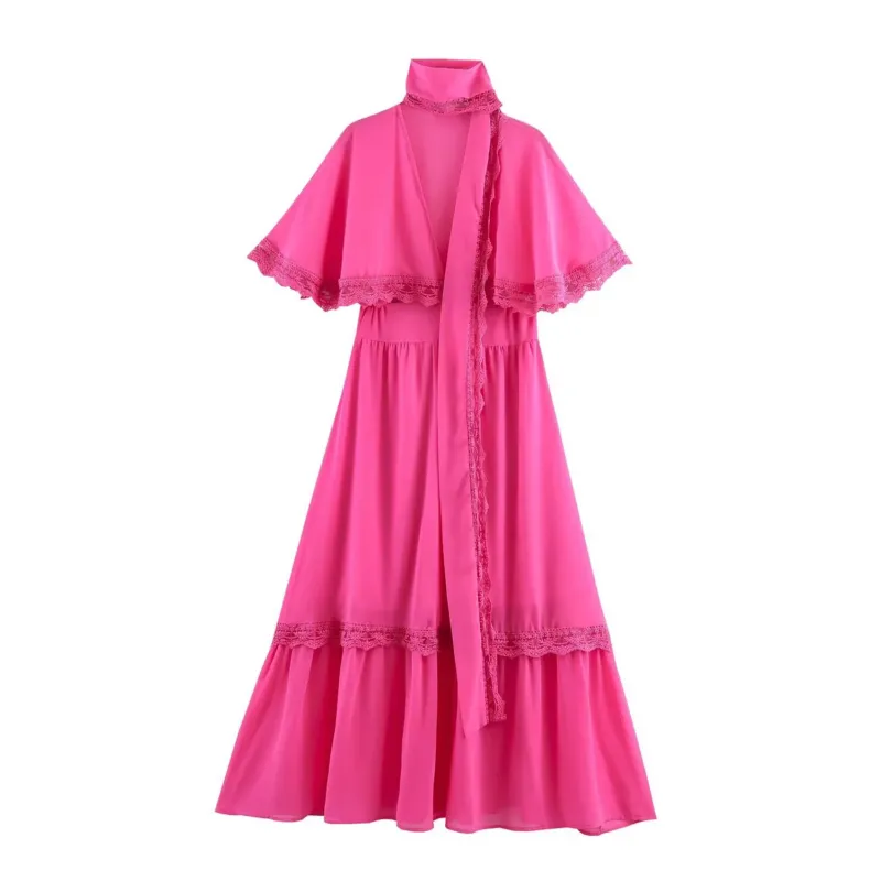 Damen Maxikleid mit Capelet, Stehkragen und Spitzenverzierung Echoarchiv
