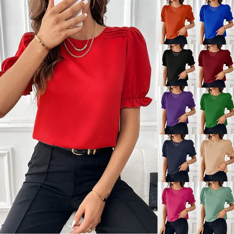 Damen Elegante Chiffonbluse mit Puffärmeln und dekorativen Schulterfalten – Élovi