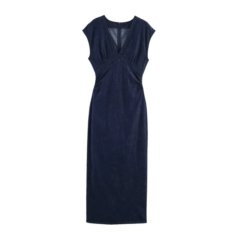 Damen Denim Maxikleid mit elegantem V-Ausschnitt und figurformender Silhouette – Valéora