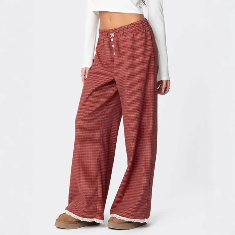 Damen Weit geschnittene Karohose mit Spitzendetails – Avélisse