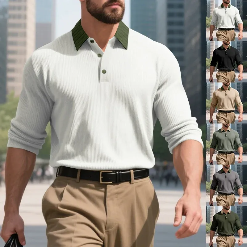 Herren langärmliges Poloshirt mit strukturiertem Design und klassischem Kragen – Cavello